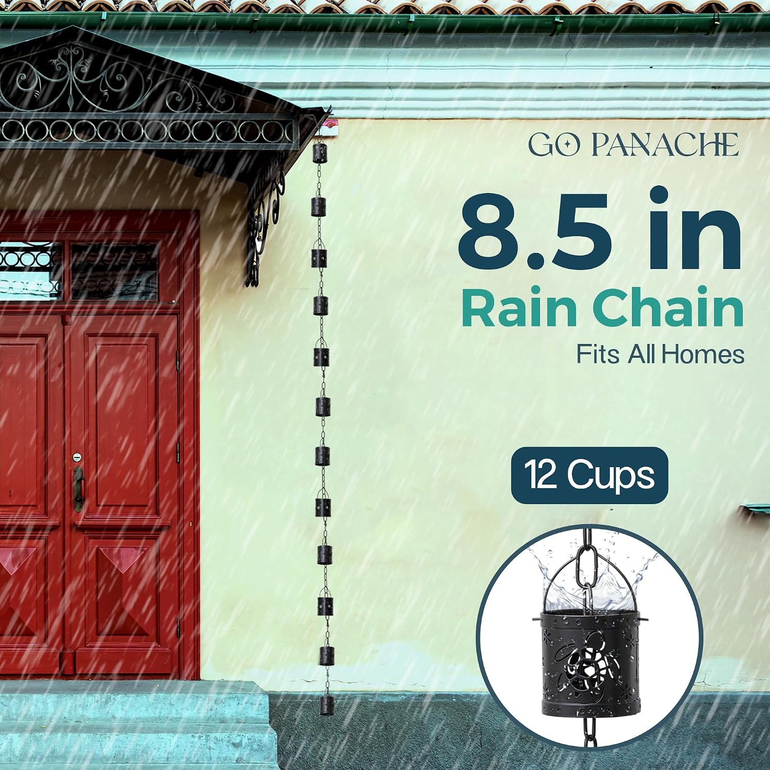 8.5 FT Rain Chain with 12 Aluminum Cups | Durable Rain Chains for Gutters - Easy Install, Rust-Proof Rain Catcher
