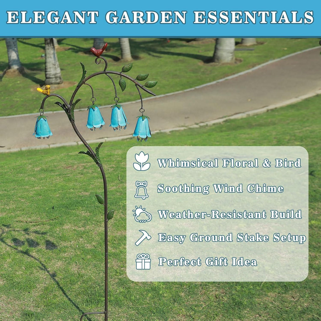 44.3"H Metal Decorative Garden Stake with Blue Bell Flowers & Birds | Metal Yard Art for Outdoor Yard Decor, Rustic