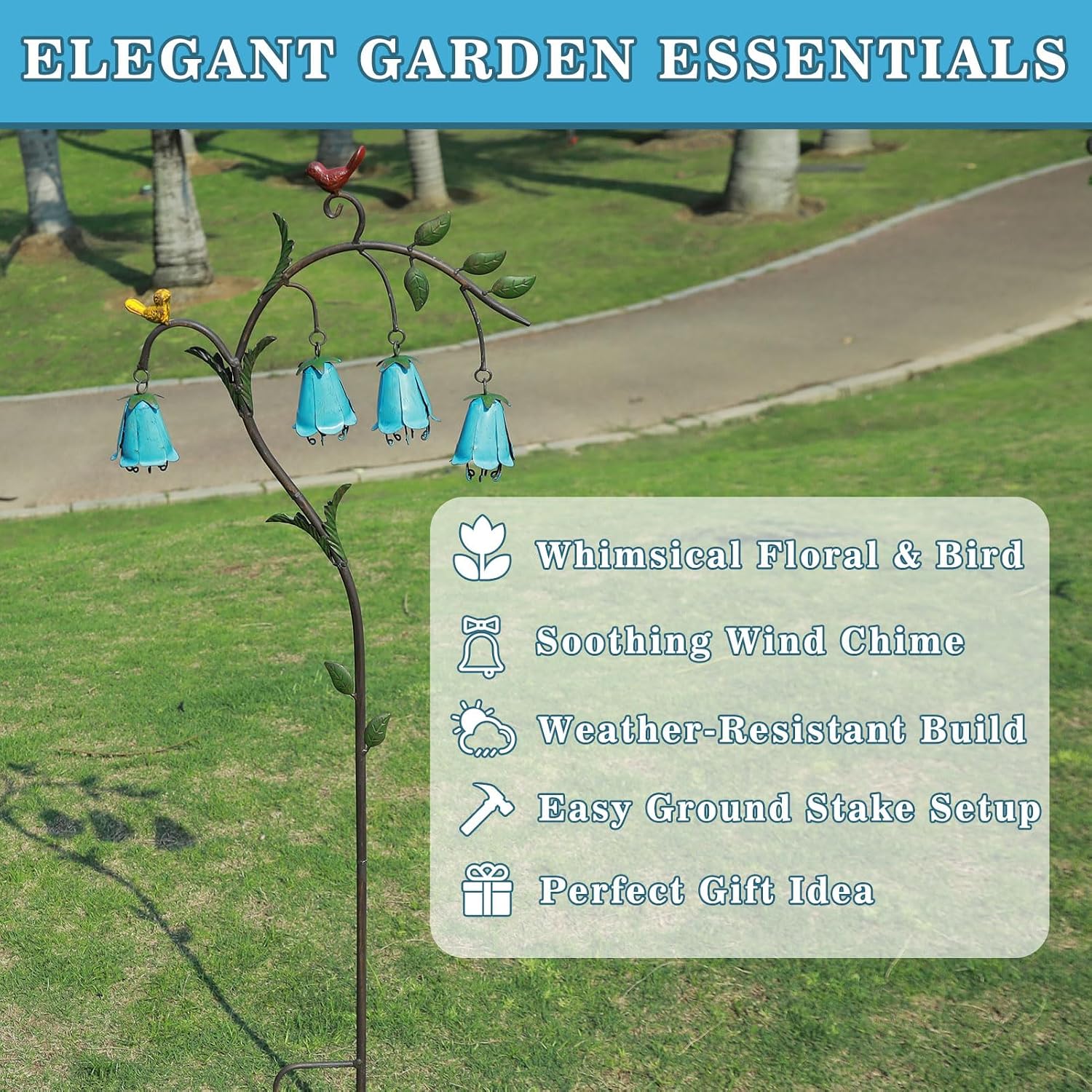 44.3"H Metal Decorative Garden Stake with Blue Bell Flowers & Birds | Metal Yard Art for Outdoor Yard Decor, Rustic