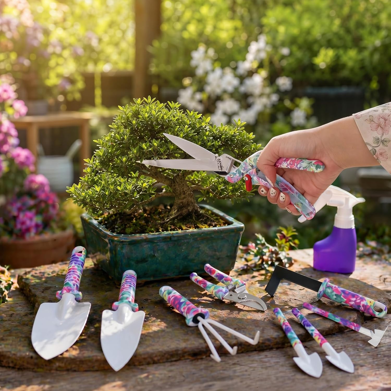 10-Piece Garden Tool Set with Sturdy Carrying Case – Purple Floral Gardening Set for Women – Ergonomic Garden Hand