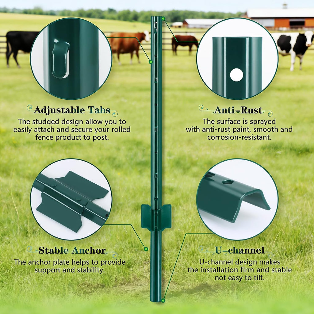 Gtongoko 5 Pack 5FT Heavy Duty Metal Fence Posts,Green U Channel No Dig Fence Stakes with Anchor Plate, Steel Posts for