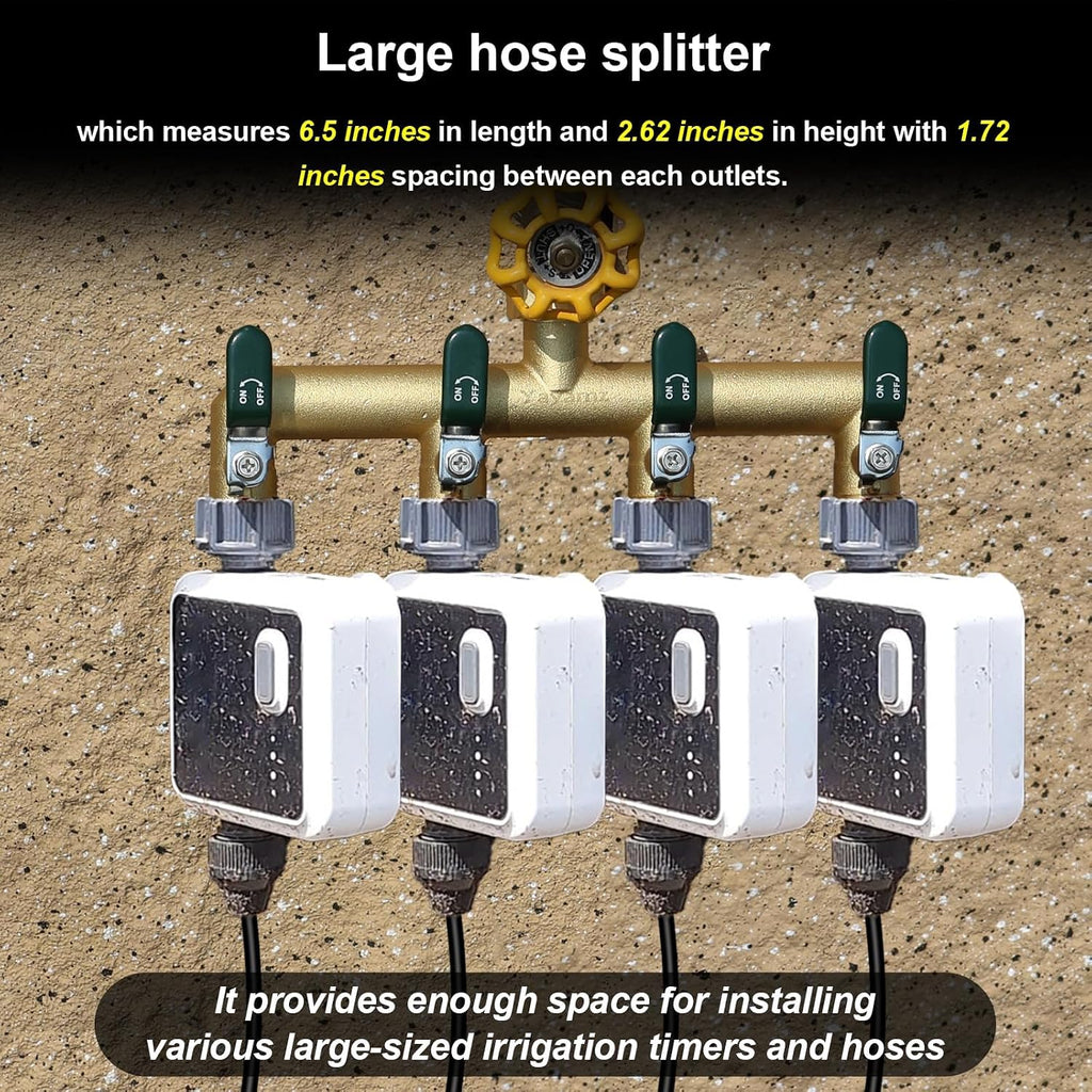 4 Way Garden Hose Splitter, 3/4" GHT Outdoor Water Spigot Splitter | Heavy Duty Solid Brass Body with Shut-off Valves &