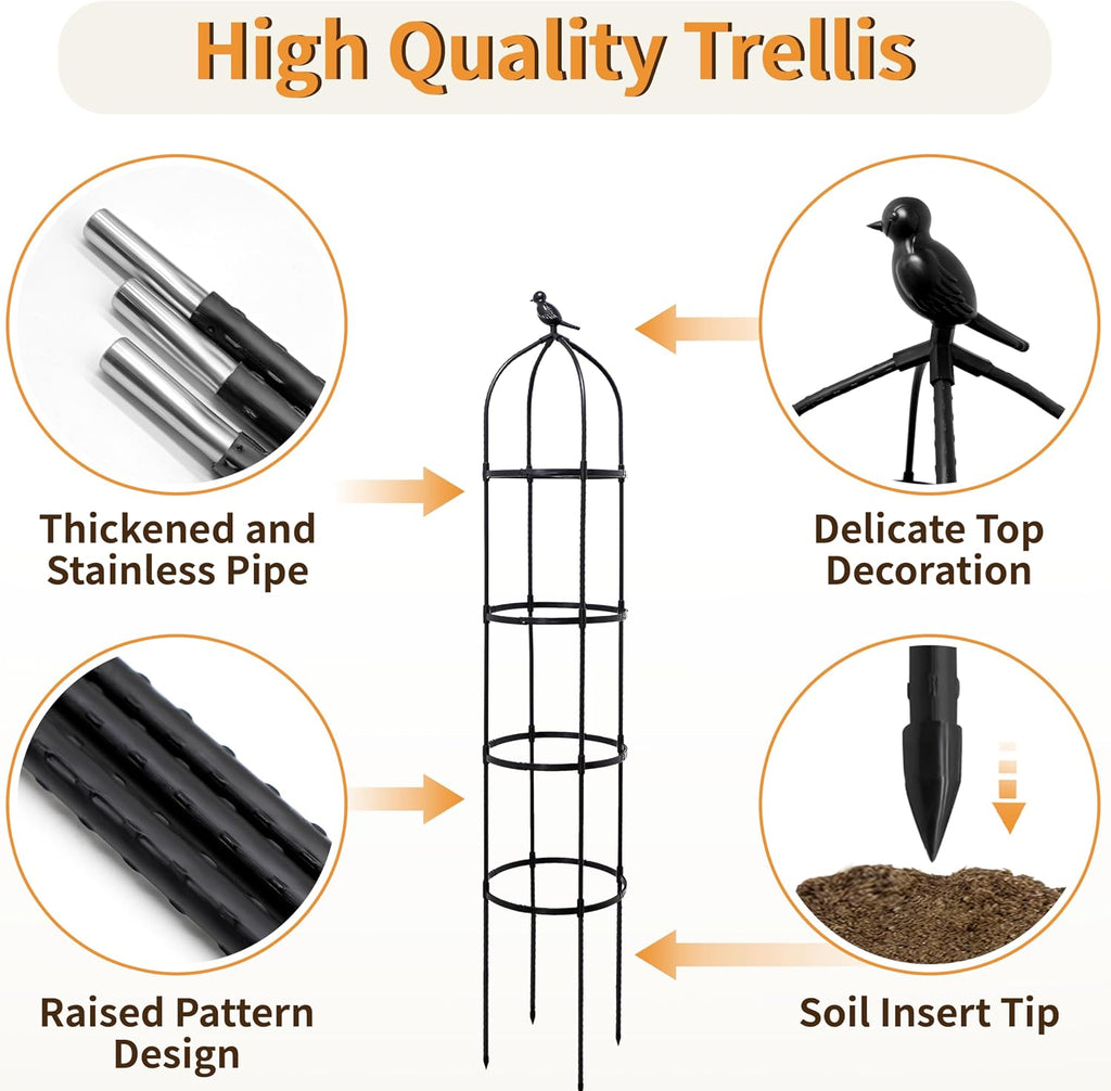 2 Pack Garden Obelisk Trellis for Climbing Plants Outdoor, 6FT Adjustable Metal Plant Support with 3 Decorative Tops