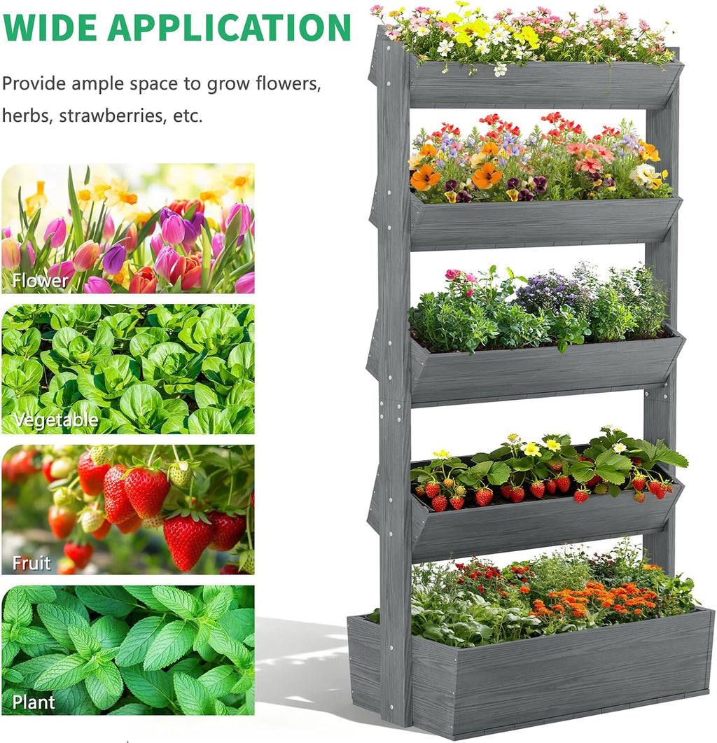 Vertical Raised Garden Bed, 5 Tier Freestanding Garden Planters | Wooden Plant Stand Flower Rack with Planter Box for