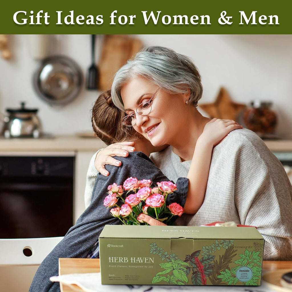 5 Herb Garden Planter Indoor with Wooden Box, Home Kitchen Seed Starter Kit Including Basil, Thyme, Parsley, Rosemary