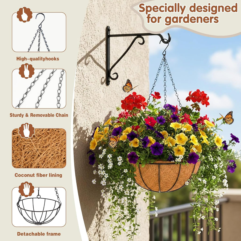 14 inch Metal Hanging Baskets For Plants Outdoor 4 Pack Round Metal Wire Hanging Basket Planter with Coco Fiber Liners