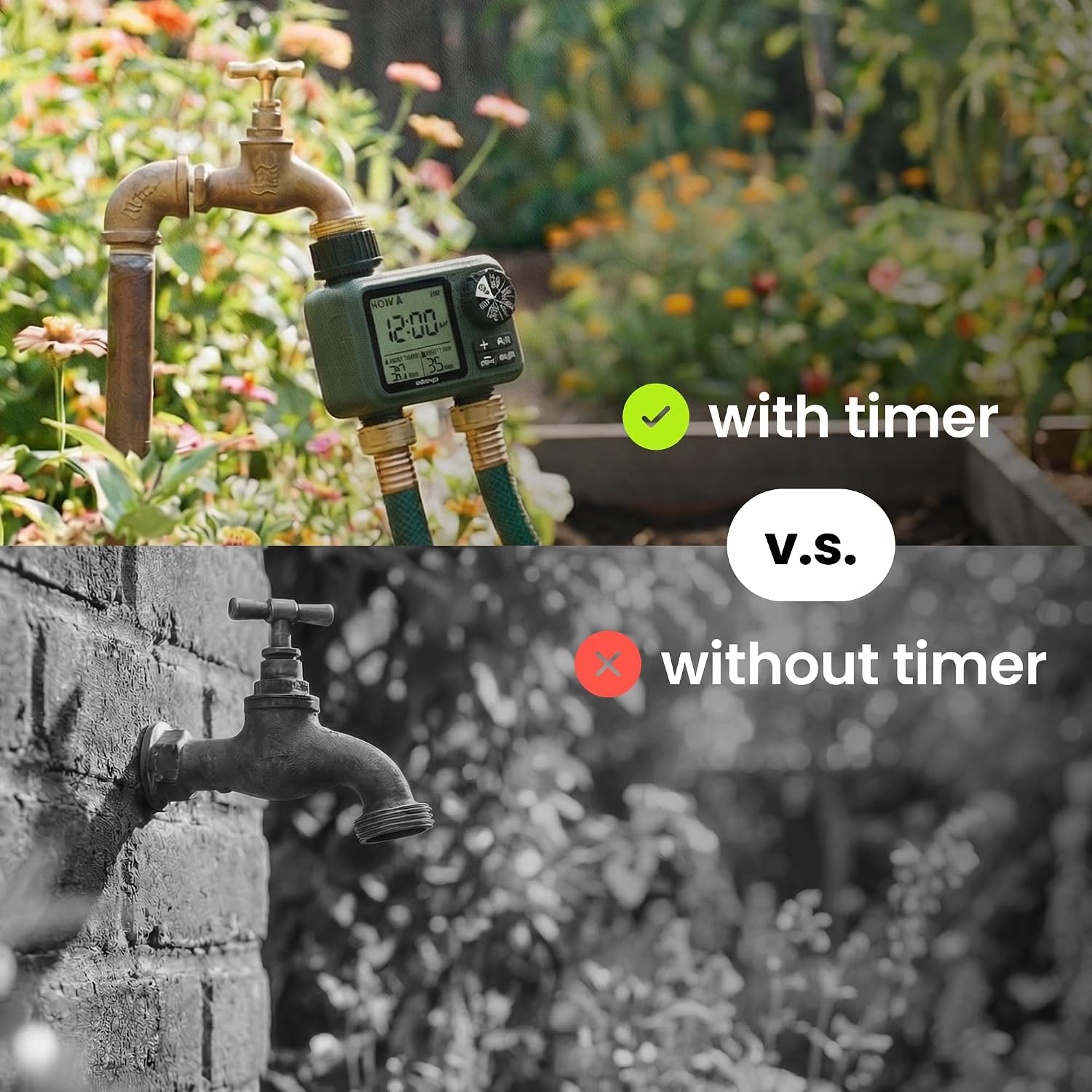 Garden Hose Sprinkler Timer 1 or 2 Outlet Programmable Controller | Self-cleaning valve, rain delay, auto-off, IPX5