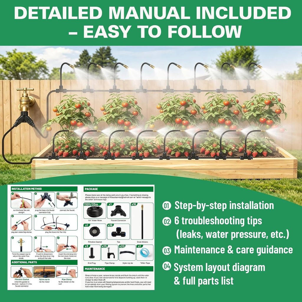 Riboud 110Ft Drip Irrigation System, 2026-Upgrade Garden Watering Kit with 16 Adjustable Copper Rotating Arm Nozzles