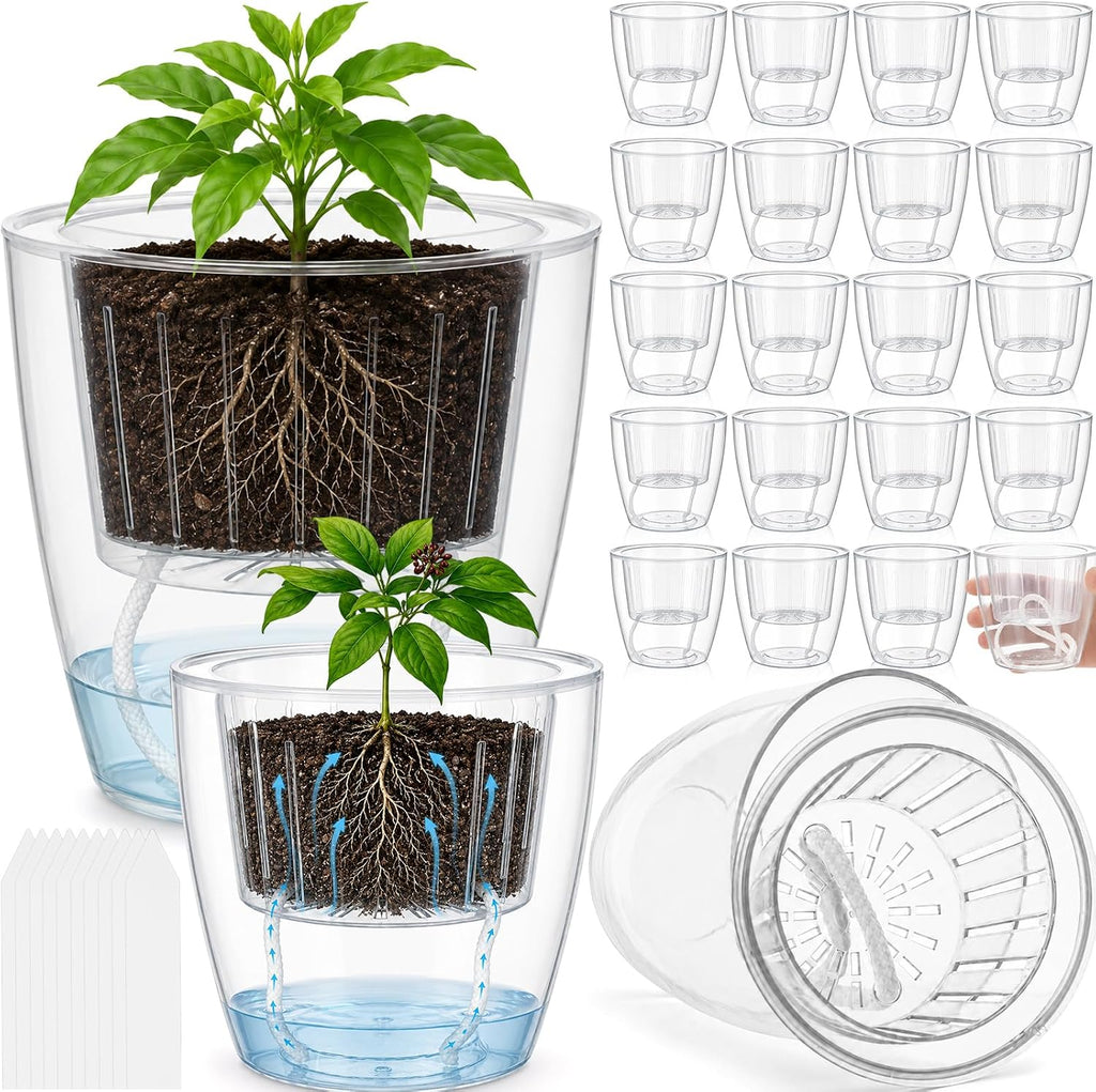 24 pcs Self Watering Pots 3.5 Inch Plastic Flower Plant Pot with Inner Pot Self Watering Wick Planter Clear Flower pots