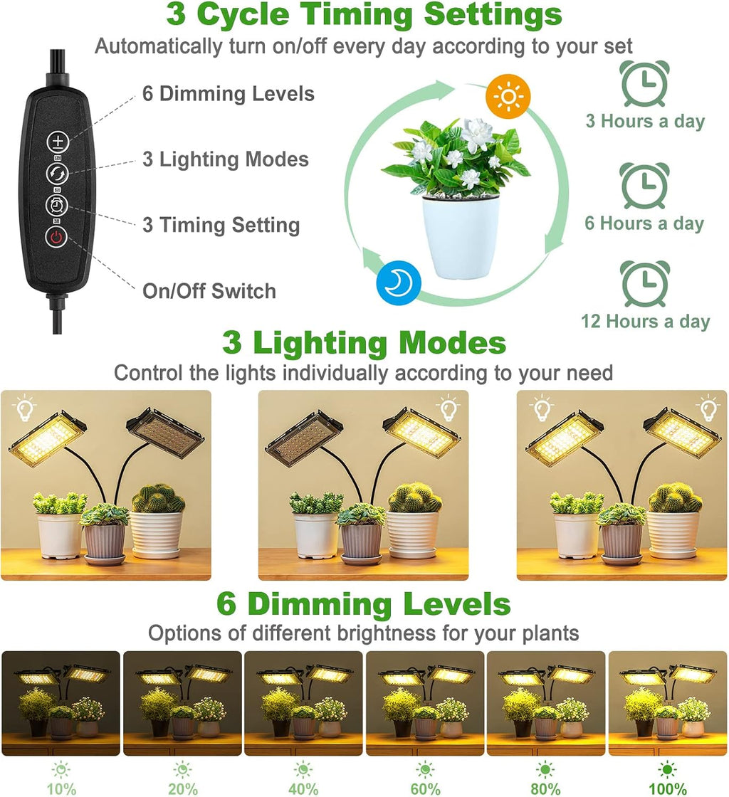 LBW Grow Light for Indoor Plants, Dual-Head Full Spectrum LED Plant Light | 3/6/12H Auto On/Off Timer, 6 Dimmable