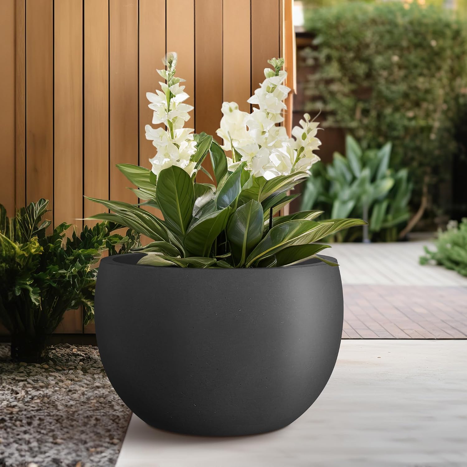 Kante Large Round Bowl Black Concrete Planter 20" Dia, Outdoor | Rubber Plug for Indoor, Drainage for Garden