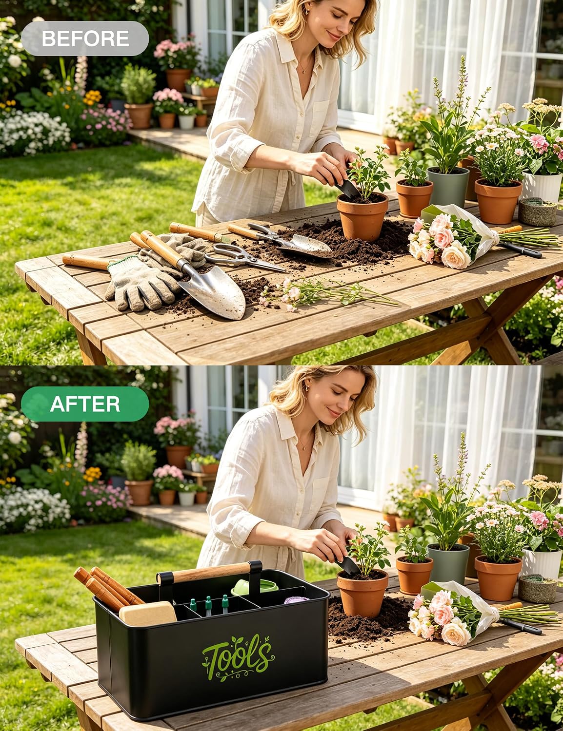 Gardening Tool Caddy, Wooden Handle and 4 Compartments | Metal Black Garden Tool Basket, Large Capacity Garden Caddy