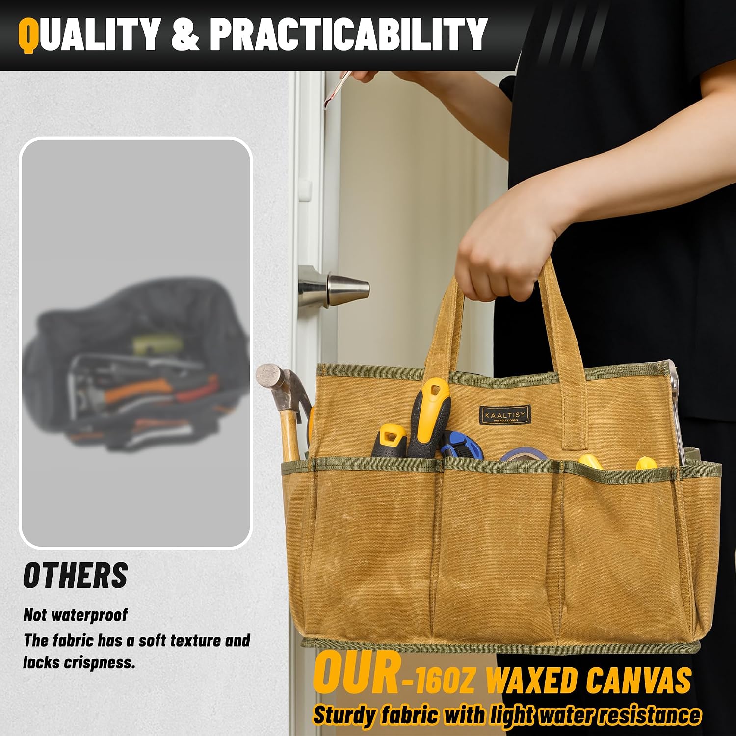 16OZ Waxed Canvas Tool Tote Bag | Large-Capacity Tool Storage Tote with 10 External Pockets | Multi-Purpose Garden Tool