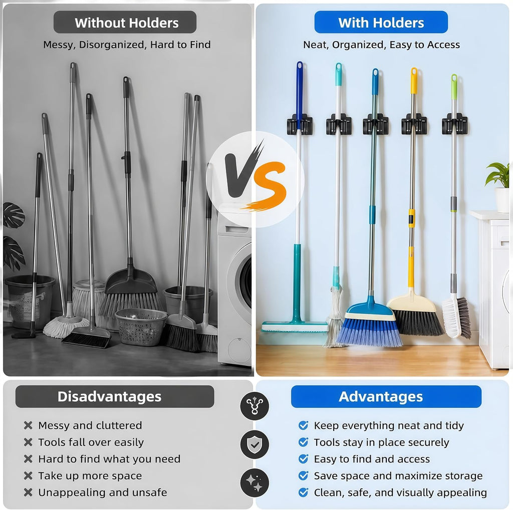 24 Pack Broom Holder Wall Mount, Tool Storage Mop Organizer, Shovel Rack Hooks For Garage Laundry Kitchen Garden Shovel