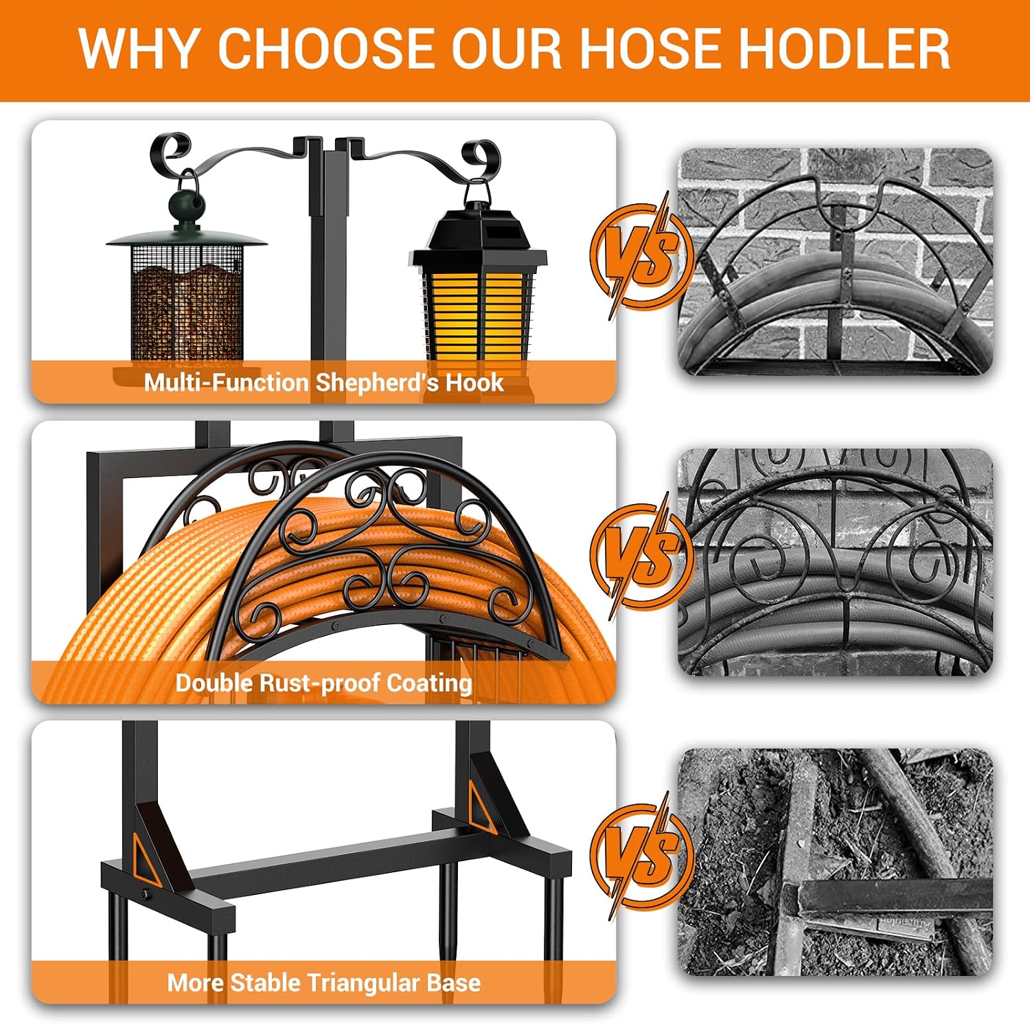Garden Hose Holder with Shepherds Hooks - Freestanding Metal Water Hose Holder Stand Holds 160ft, Heavy Duty Garden