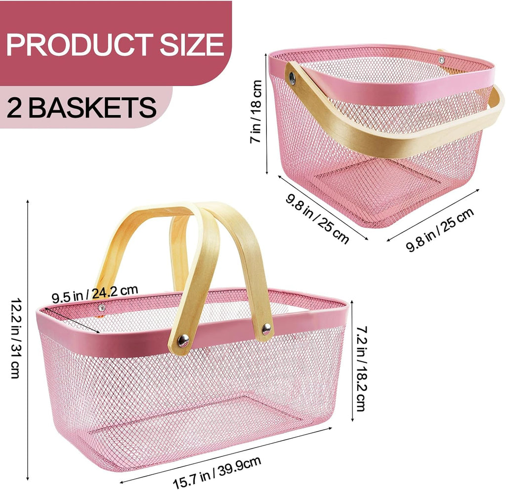 Cheardia 2 Pack Picnic Baskets, Metal Mesh Harvest Basket with Foldable Wooden Handle, Rectangle Garden Storage Basket