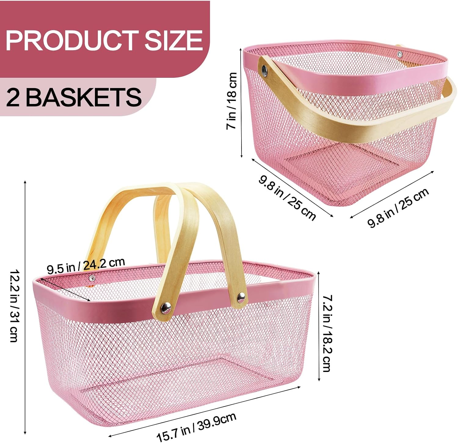 Cheardia 2 Pack Picnic Baskets, Metal Mesh Harvest Basket with Foldable Wooden Handle, Rectangle Garden Storage Basket