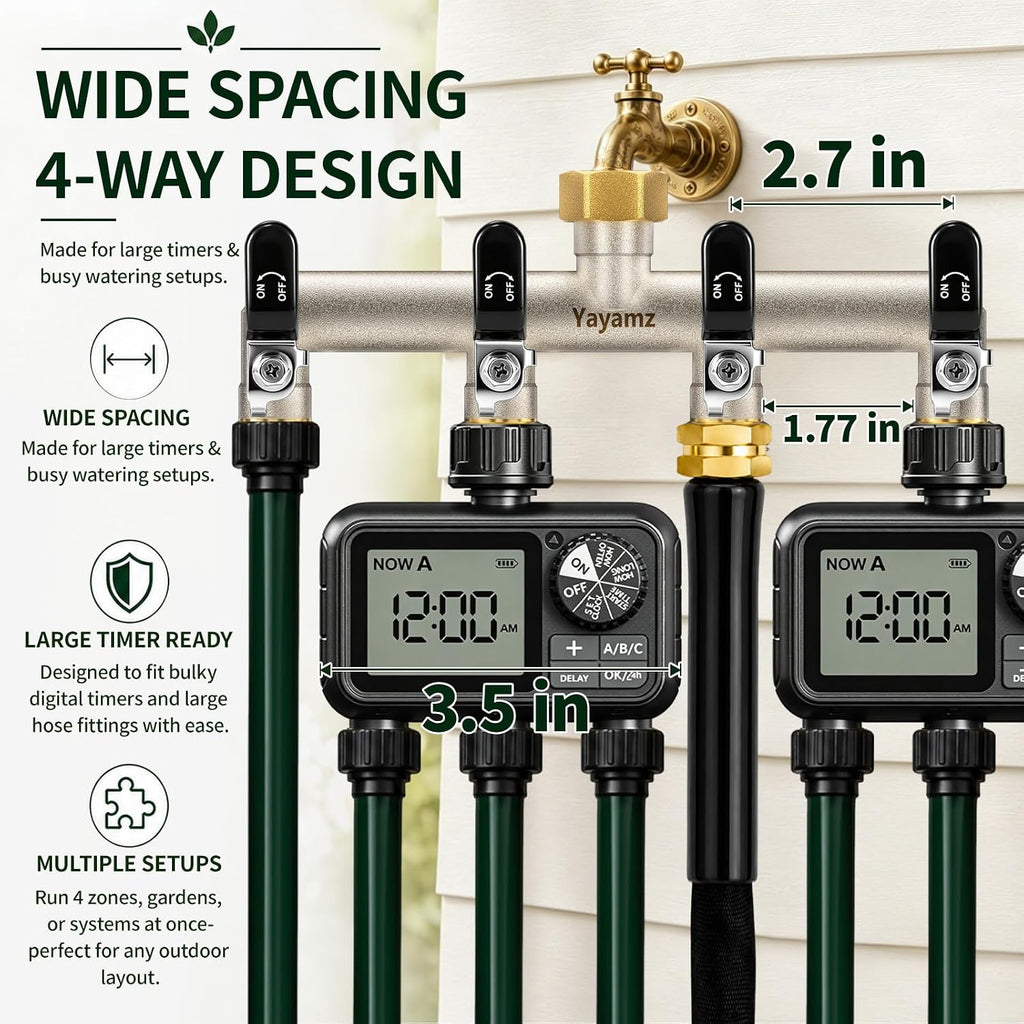 4 Way Garden Hose Splitter, 3/4" GHT Outdoor Faucet Splitter | Heavy-duty Solid Brass Body, Wide Spacing Fits Large