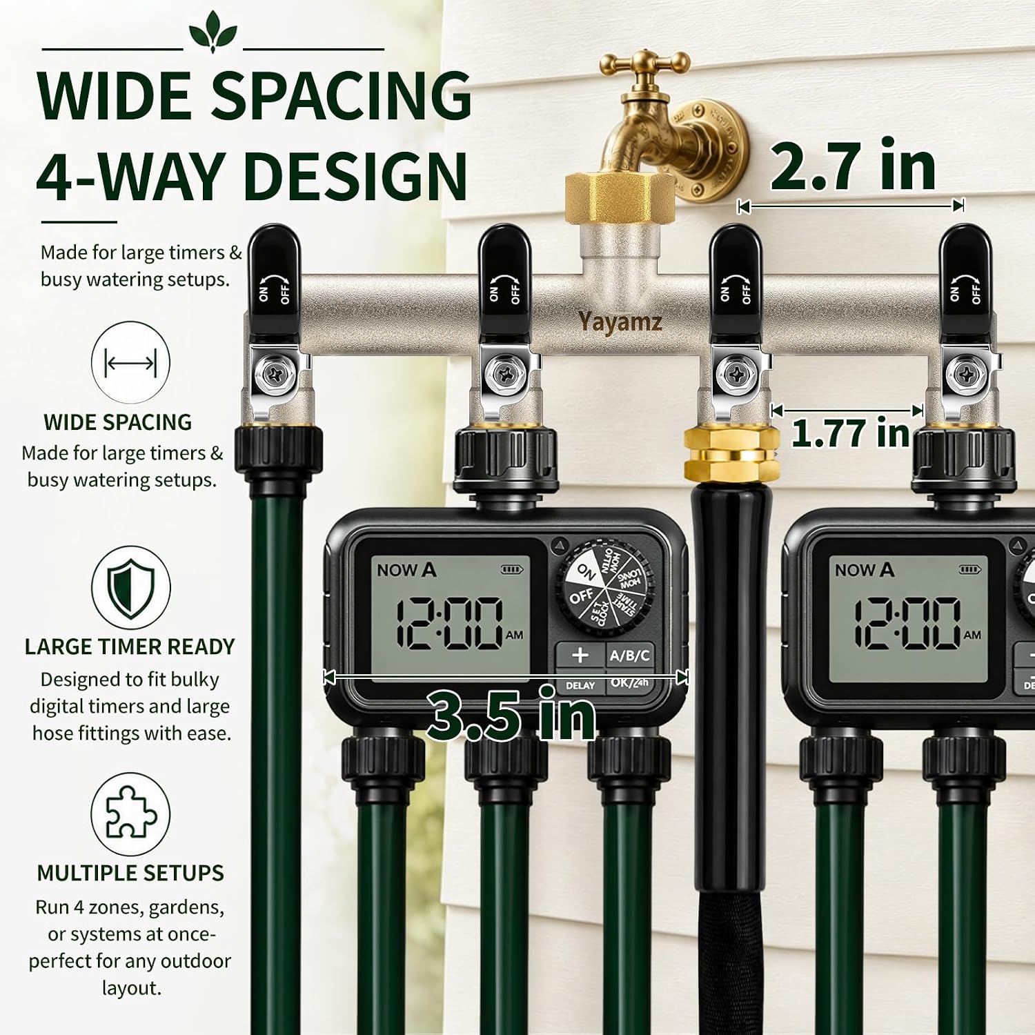 4 Way Garden Hose Splitter, 3/4" GHT Outdoor Faucet Splitter | Heavy-duty Solid Brass Body, Wide Spacing Fits Large