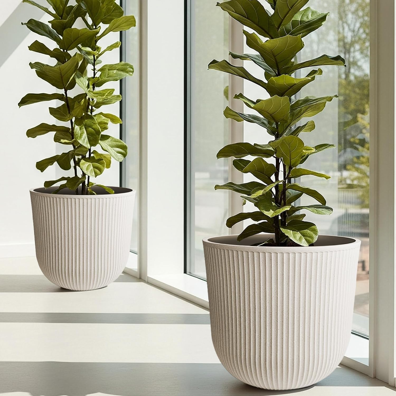 Worth Garden Round Large Planter Pot Set of 2-17.5" Dia x 15.5" H - Durable Plastic Beige Plant Tree Pots with Vertical