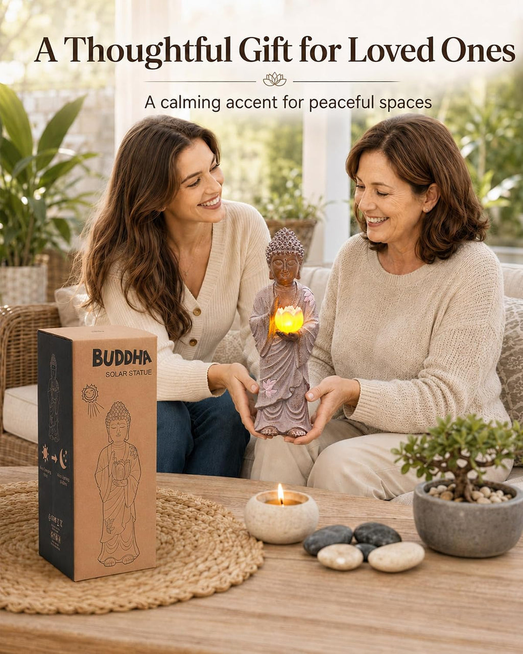 Solar Buddha Garden Statue Decor: Standing Figurine with Lotus Light | 11-Inch White Zen Sculpture, Patio Lawn Yard