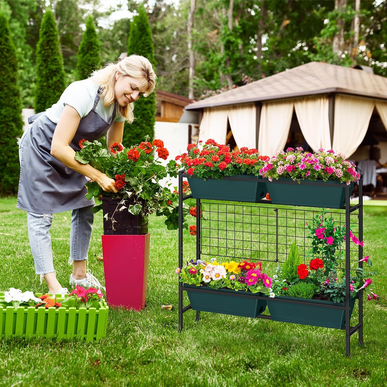 OYEAL Raised Garden Bed with Legs & & Trellis 32" Tall Vertical Herb Garden Planter Indoor Outdoor Elevated Flower Beds