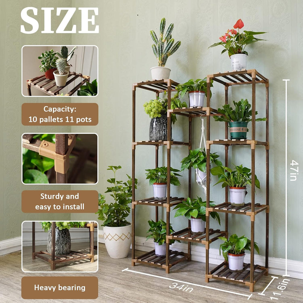 Plant Stand Indoor Outdoor, Tall Plant Shelf for Multiple Plants, 10 tiers 11 Pot Large Plants Holder Rack Wood Plant