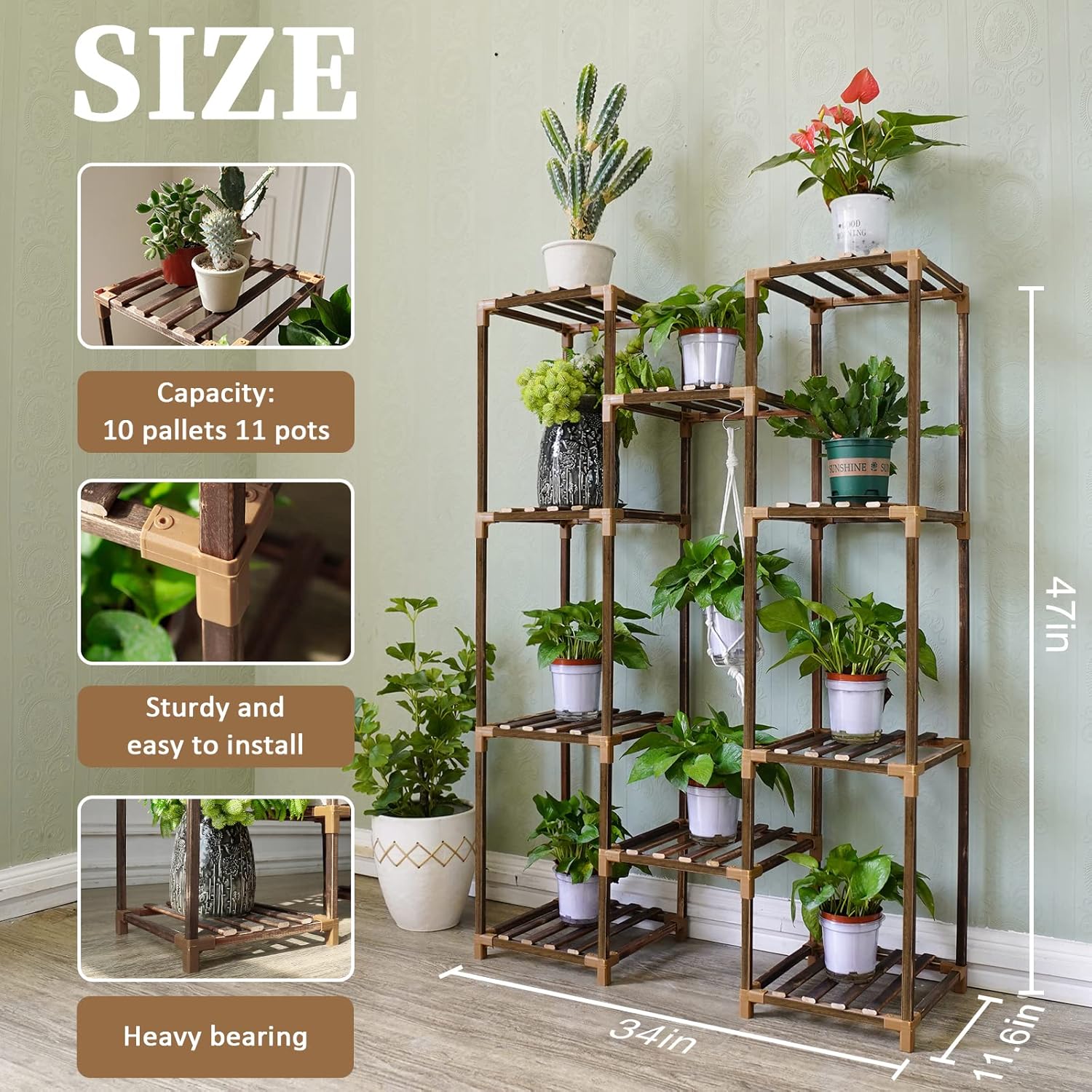 Plant Stand Indoor Outdoor, Tall Plant Shelf for Multiple Plants, 10 tiers 11 Pot Large Plants Holder Rack Wood Plant