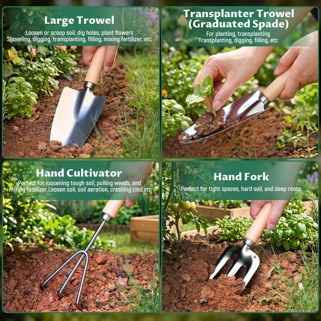 Gardening Tool Set, Heavy Duty Stainless Steel Hand Tools with Wooden Handles, Storage Tote Bag, Ergonomic Design
