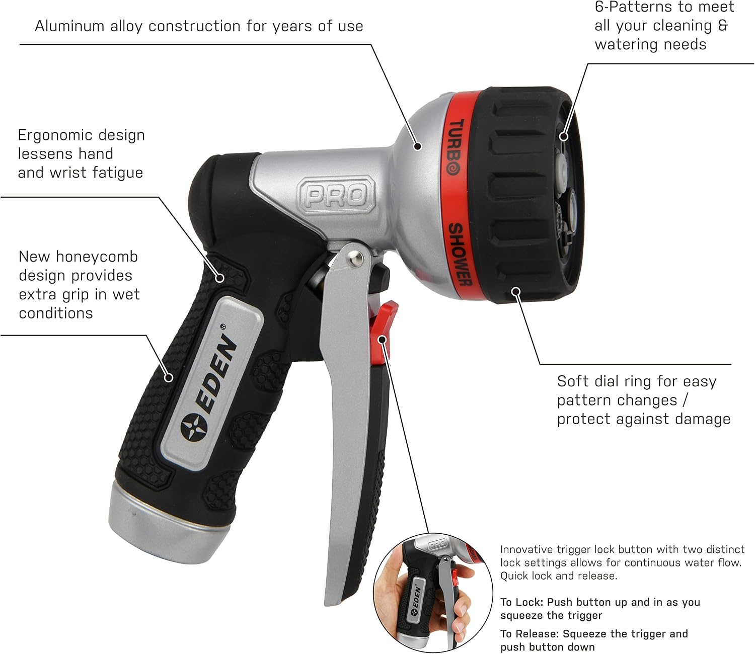Eden PRO 94833 Metal Front Trigger 6-Pattern Turbo Nozzle | Heavy-Duty Hose Sprayer for Garden, Lawn, Plants, Outdoor