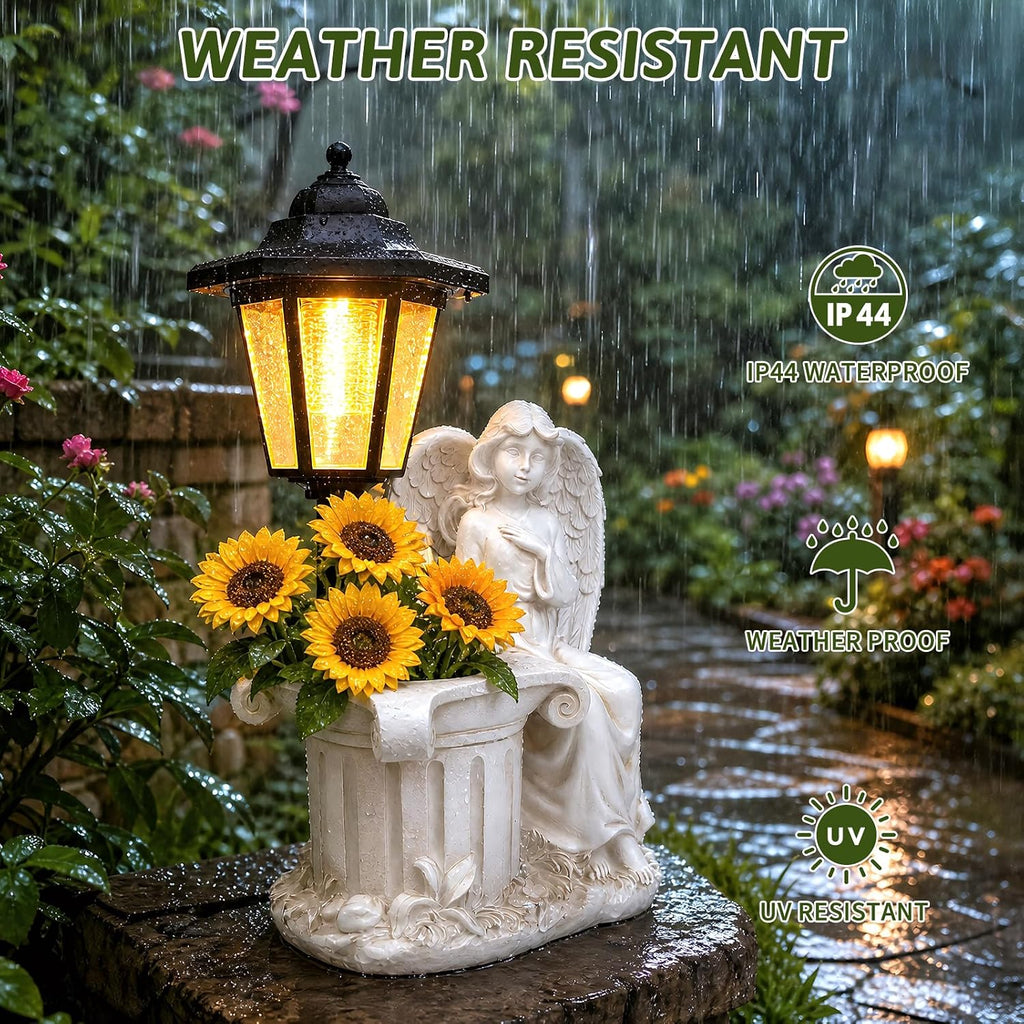Solar Angel Outdoor Garden Statues with Lantern & Flower Pot | Resin Angel Figurines for Yard Lawn Porch Patio Balcony
