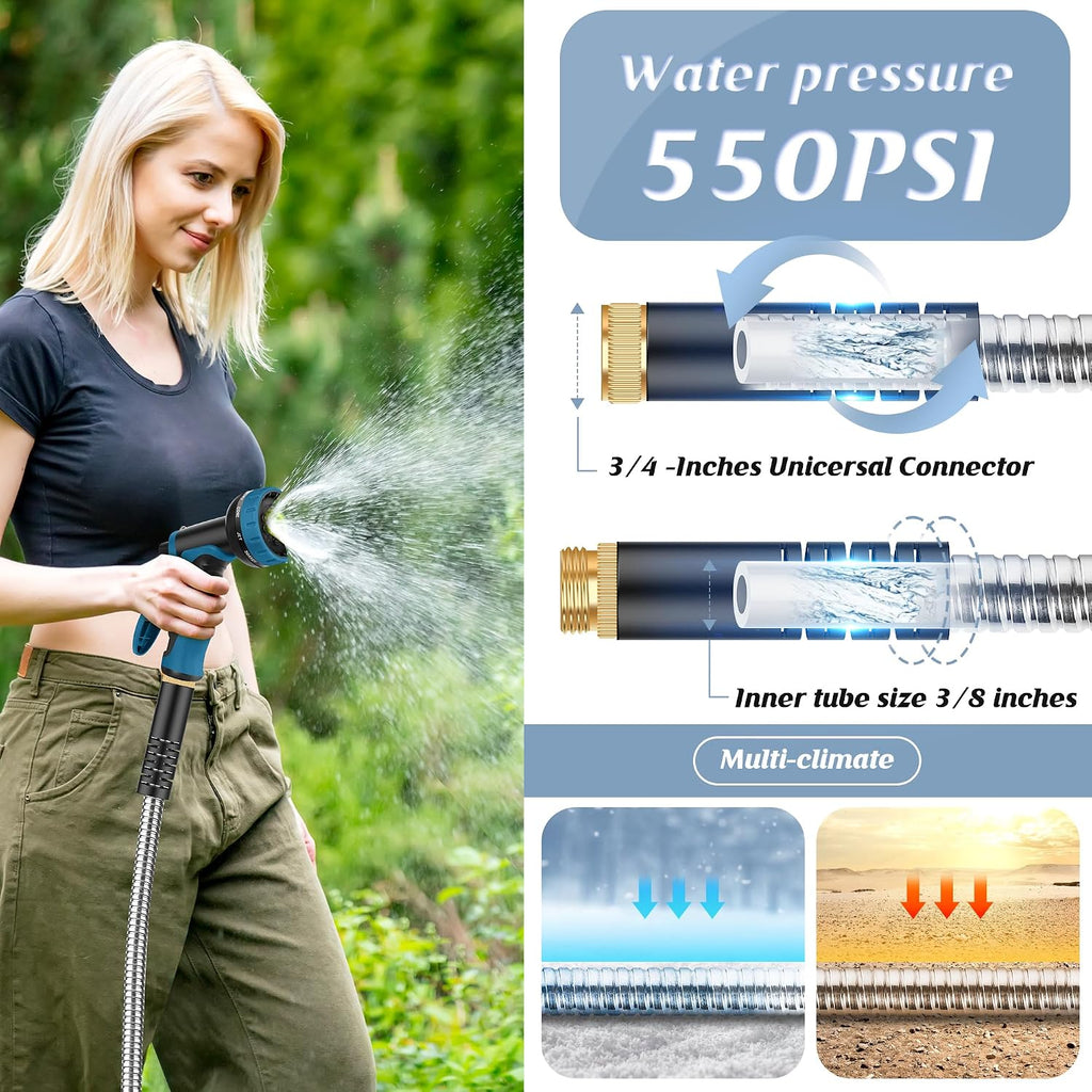 Metal Garden Hose 50FT with 10-Function Nozzle, No-Kink Water Hose | Metal Hoses with Leak-proof Connectors