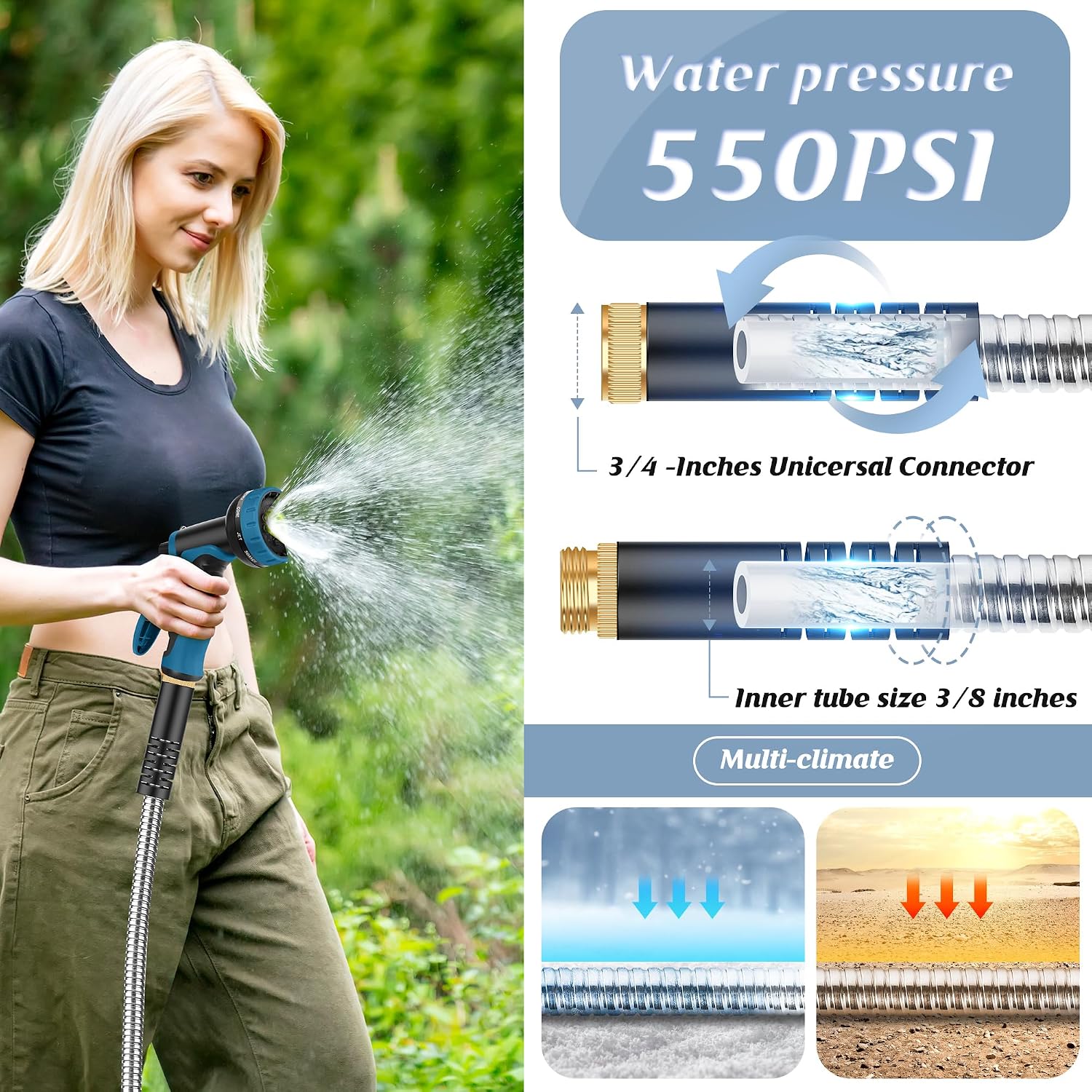 Metal Garden Hose 50FT with 10-Function Nozzle, No-Kink Water Hose | Metal Hoses with Leak-proof Connectors