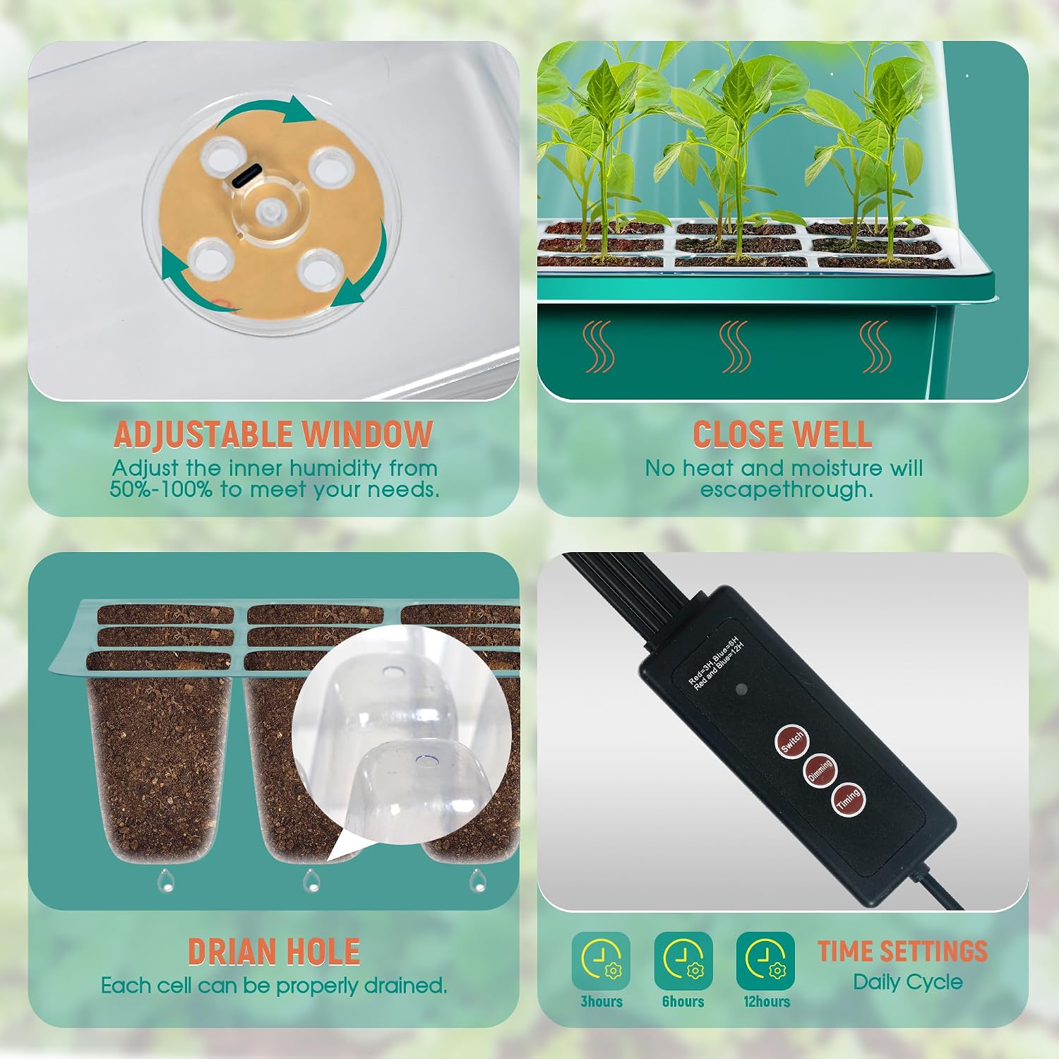 12-Set Seed Starter Tray with Grow Light, Seed Starting Trays Kits with Timing Controller Adjustable Humidity Domes