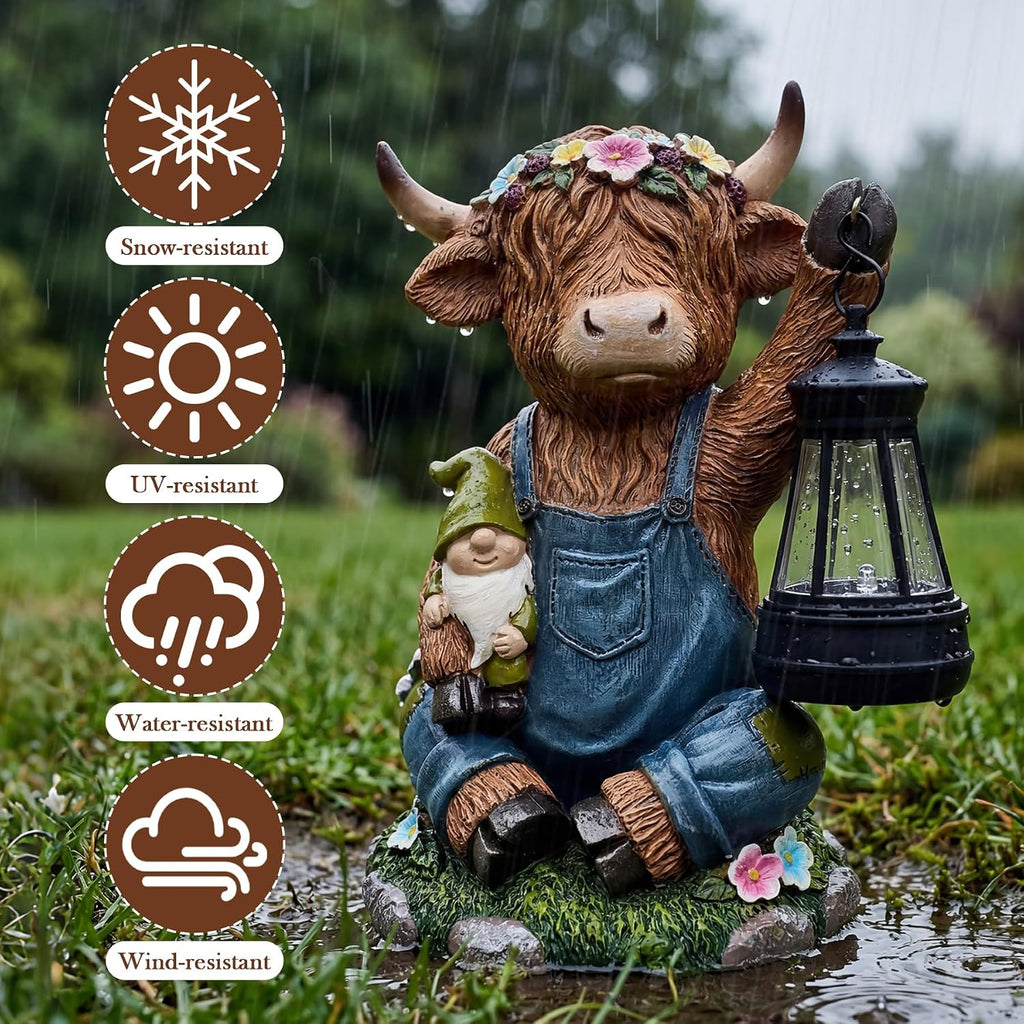 Solar Highland Cow Outdoor Statues Garden Decor with LED Light | Cute Animal Figurine Funny Resin Decoration for Patio