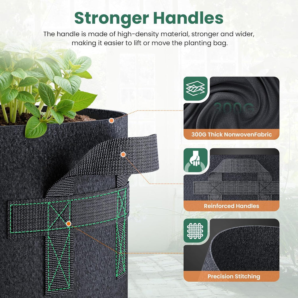 Jorvila 10-Pack 5 Gallon Grow Bags | Thickened Nonwoven Fabric Pots, Garden Grow Bags with Handles, Heavy Duty 300G