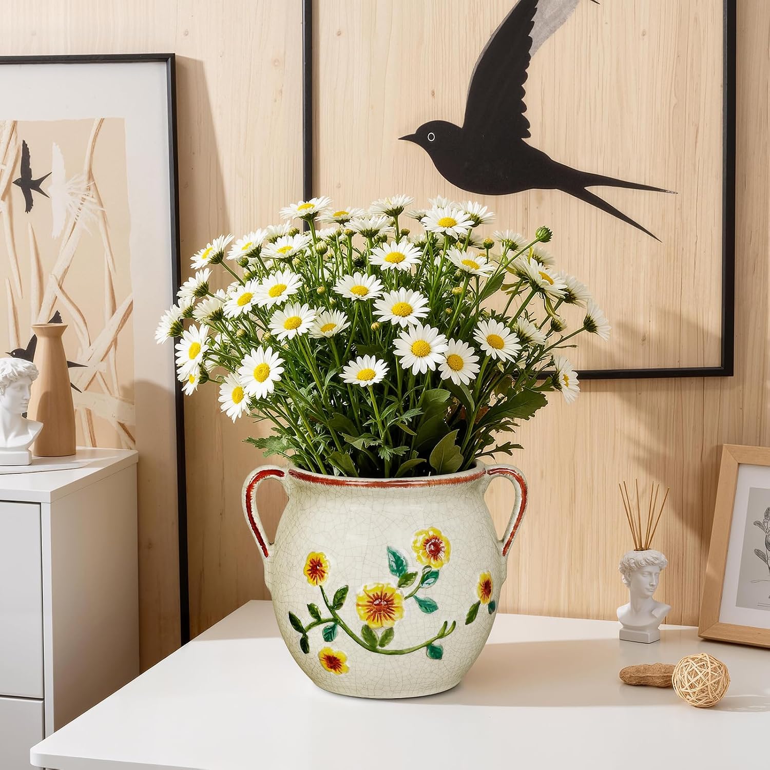 EFISPSS 6 Inch Vintage Ceramic Flower Pot with Relief Design & Handles,Ceramic Cracked Flower Pot with Drainage Hole