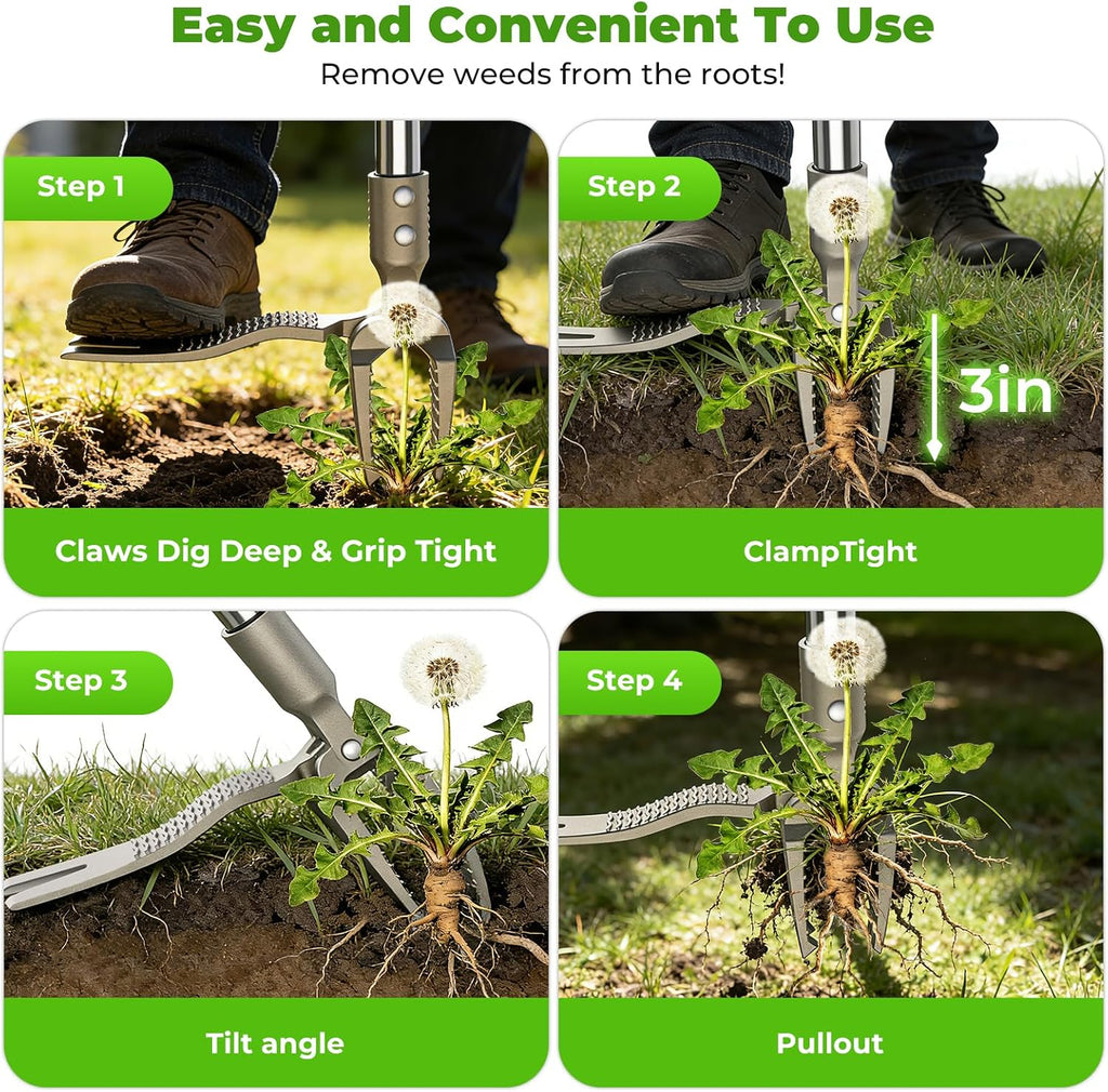 One-Piece Stand Up Weed Puller Tool with Long Handle, 47" Assembleless Stainless Steel Garden Weeder Dandelion Root