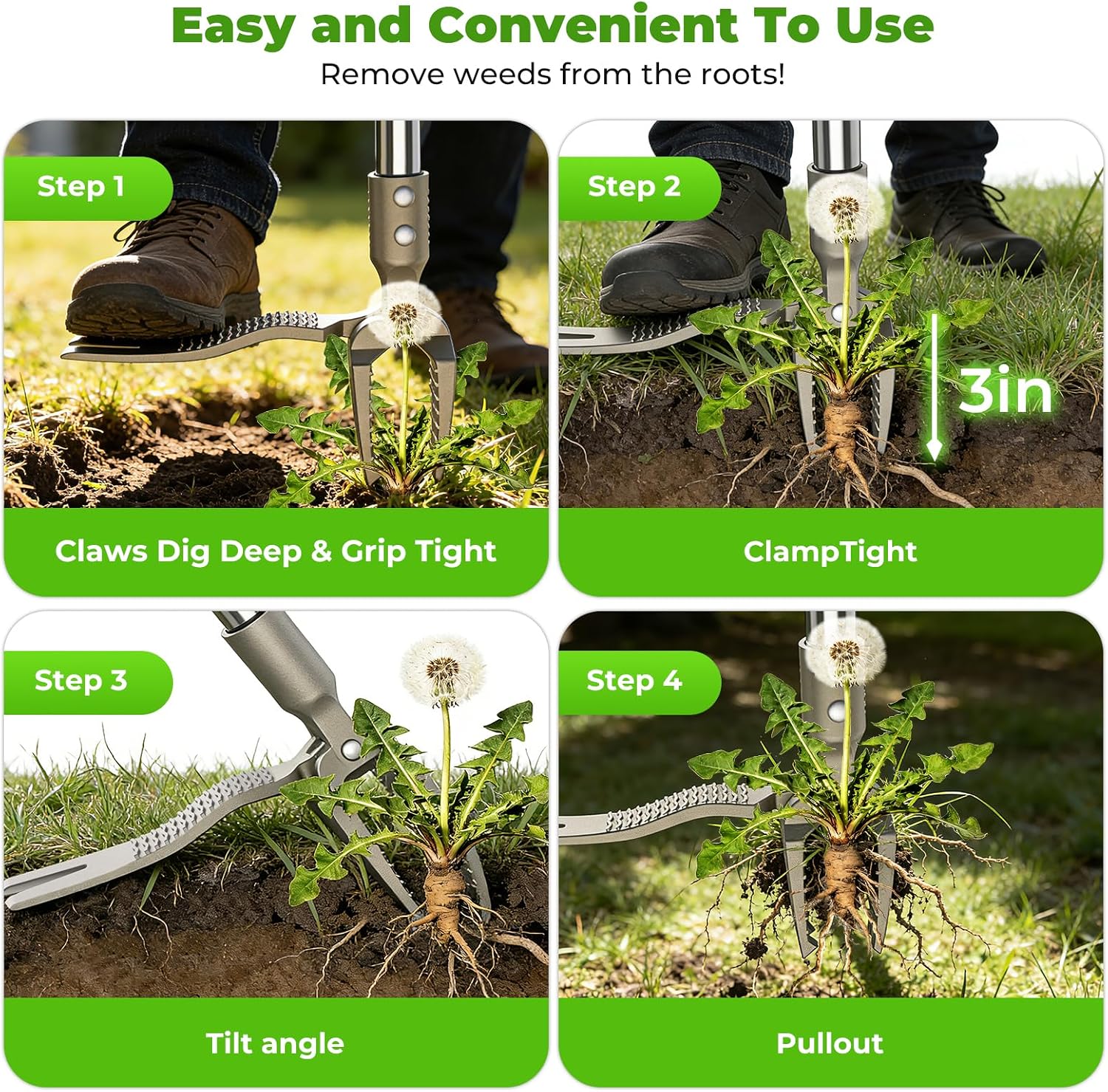 One-Piece Stand Up Weed Puller Tool with Long Handle, 47" Assembleless Stainless Steel Garden Weeder Dandelion Root