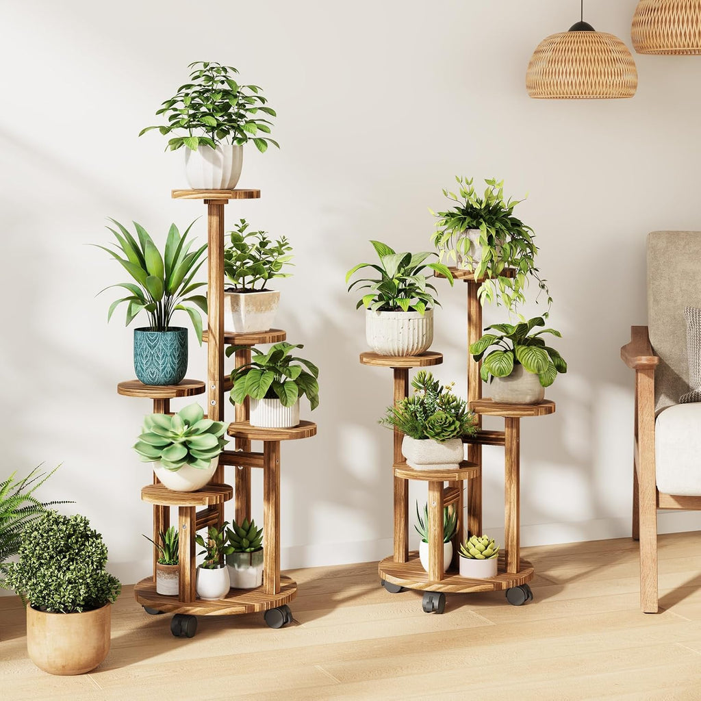 5 Tier Plant Stand - Wood Corner Plant Stand Indoor with 4 Wheels, Tall Plant Shelf for Multiple Pot Flower Stands