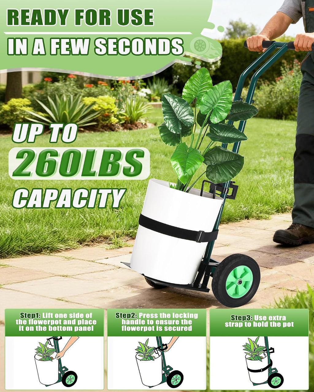 Plant Caddy with Wheels, 260LBS Capacity Rolling Plant Dolly Pot Mover | Heavy Duty Garden Cart for Seniors, Adjustable