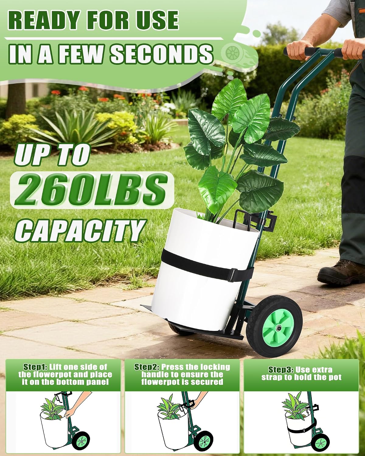 Plant Caddy with Wheels, 260LBS Capacity Rolling Plant Dolly Pot Mover | Heavy Duty Garden Cart for Seniors, Adjustable
