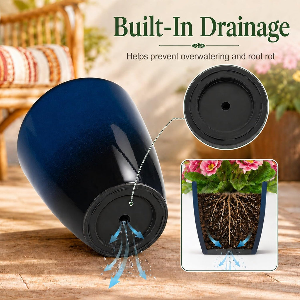 Neoaider Set of 3 Tall Planter, 24/21/12in Large Plastic Planter, Dark Blue | Ceramic-Look, Lightweight, Built-in Drain