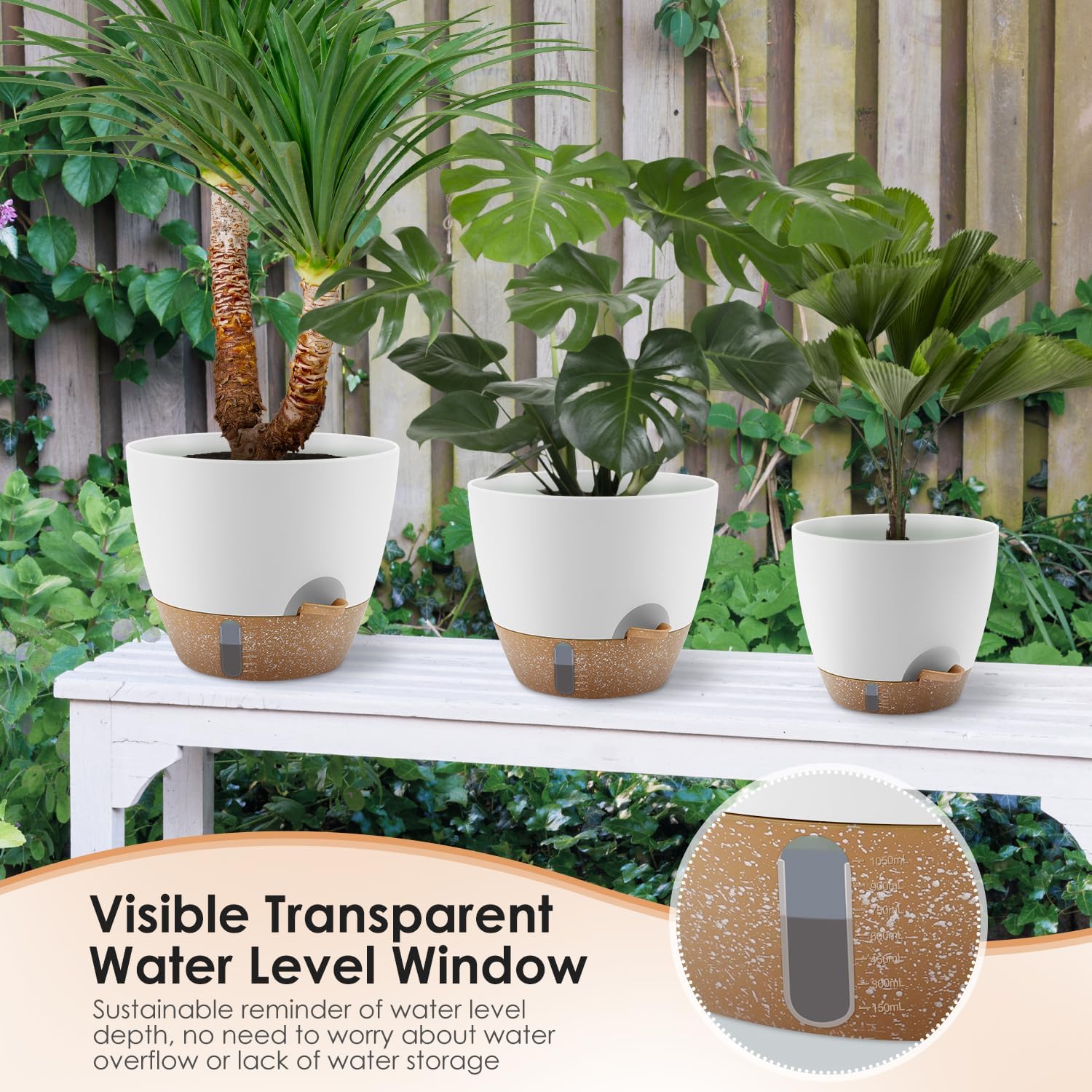 QRRICA 12/10/9 Inch Self-Watering Plant Pots with Water Level Indicator, Drainage Holes & Saucers – Large Plastic