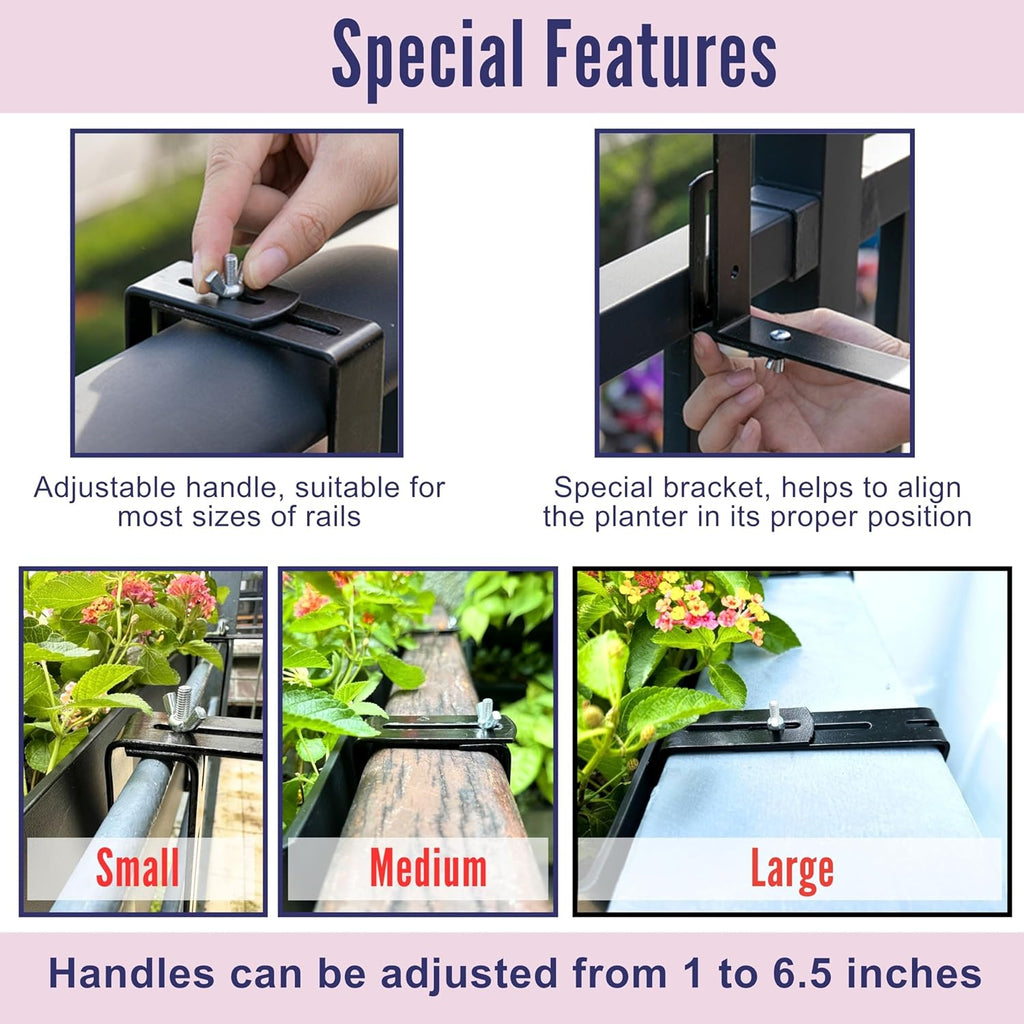 LaLaGreen Rail Planter for Balcony Outdoor (20 Inch, 2 Pack) Large Black Self Watering Railing Planters with Brackets