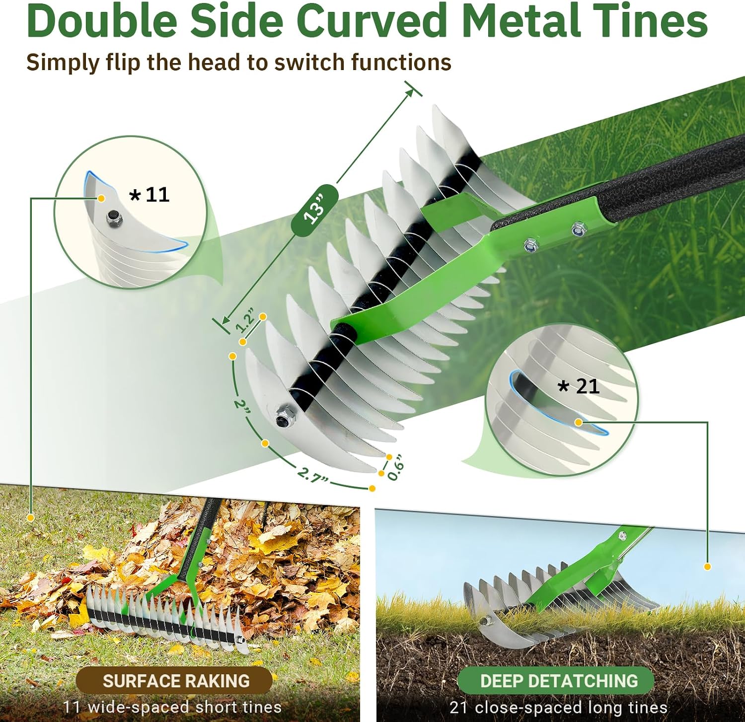Thatch Rake, 13" Wide Efficient Dethatcher Rake with 70" Adjustable Long Handle, Heavy Duty Steel Metal Dethatching