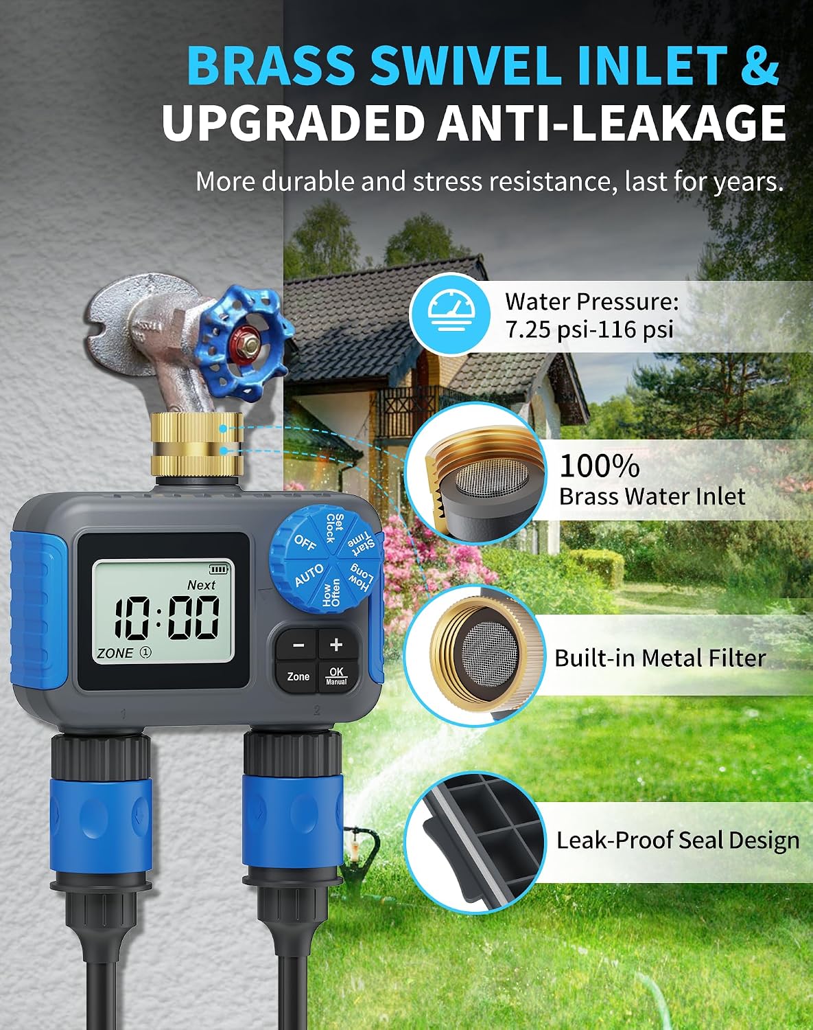 Sprinkler Timer, 2 Zone with Brass Swivel, Digital Irrigation Controller System with Rain Delay/Manual/Automatic