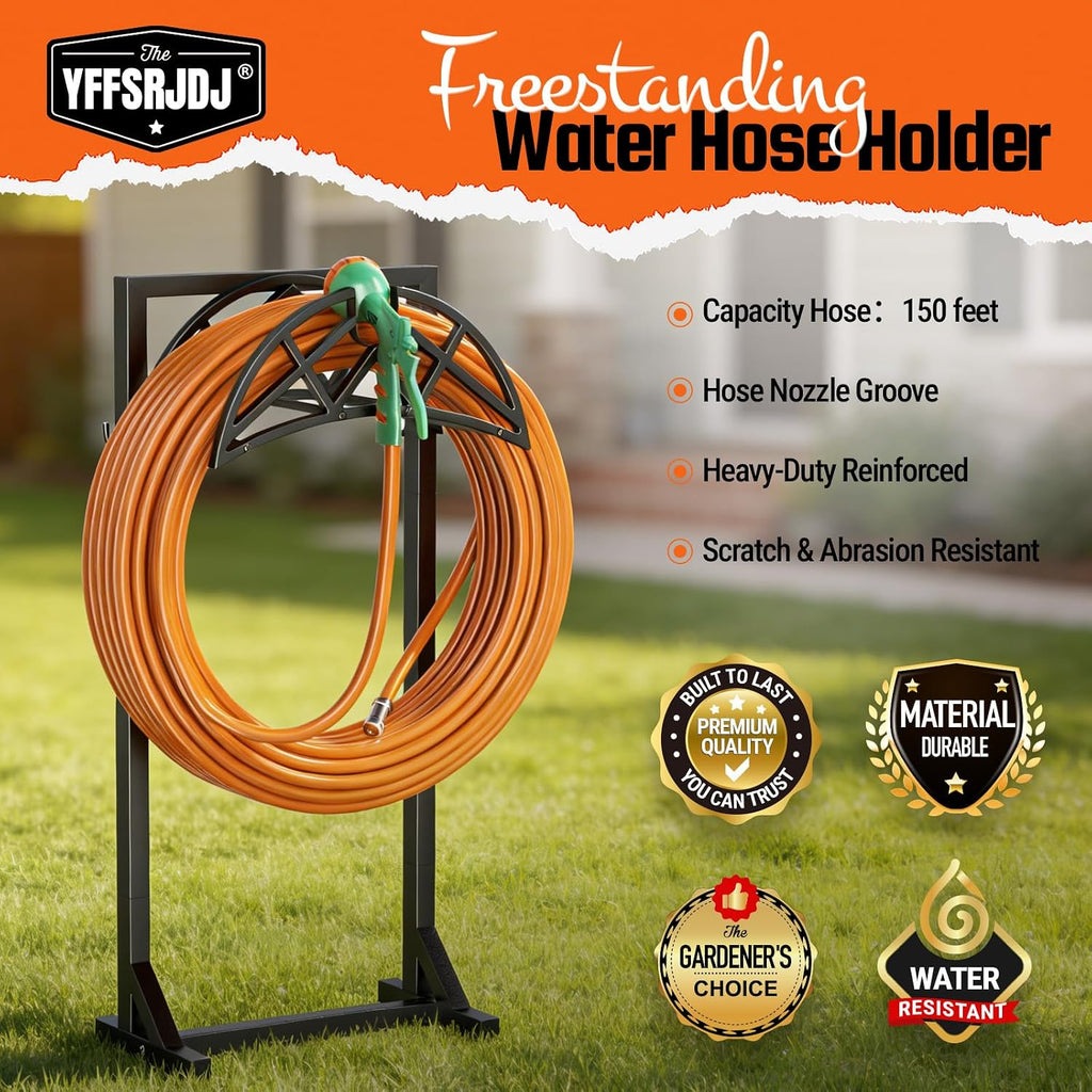 Garden Hose Reel, Heavy Duty Water Hose Holder for Outside | Freestanding Metal Hose Stand Holds Up to 150 FT, Outdoor