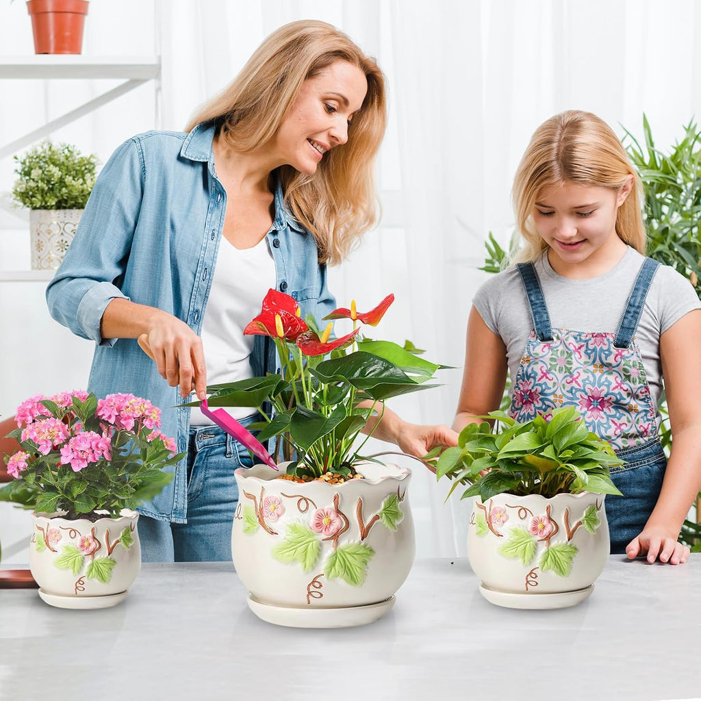 3 Piece Ceramic Plant Pots with Drainage Hole and Saucer,6.7/5.1/3.9inch,Modern Decorative Planters for Indoor