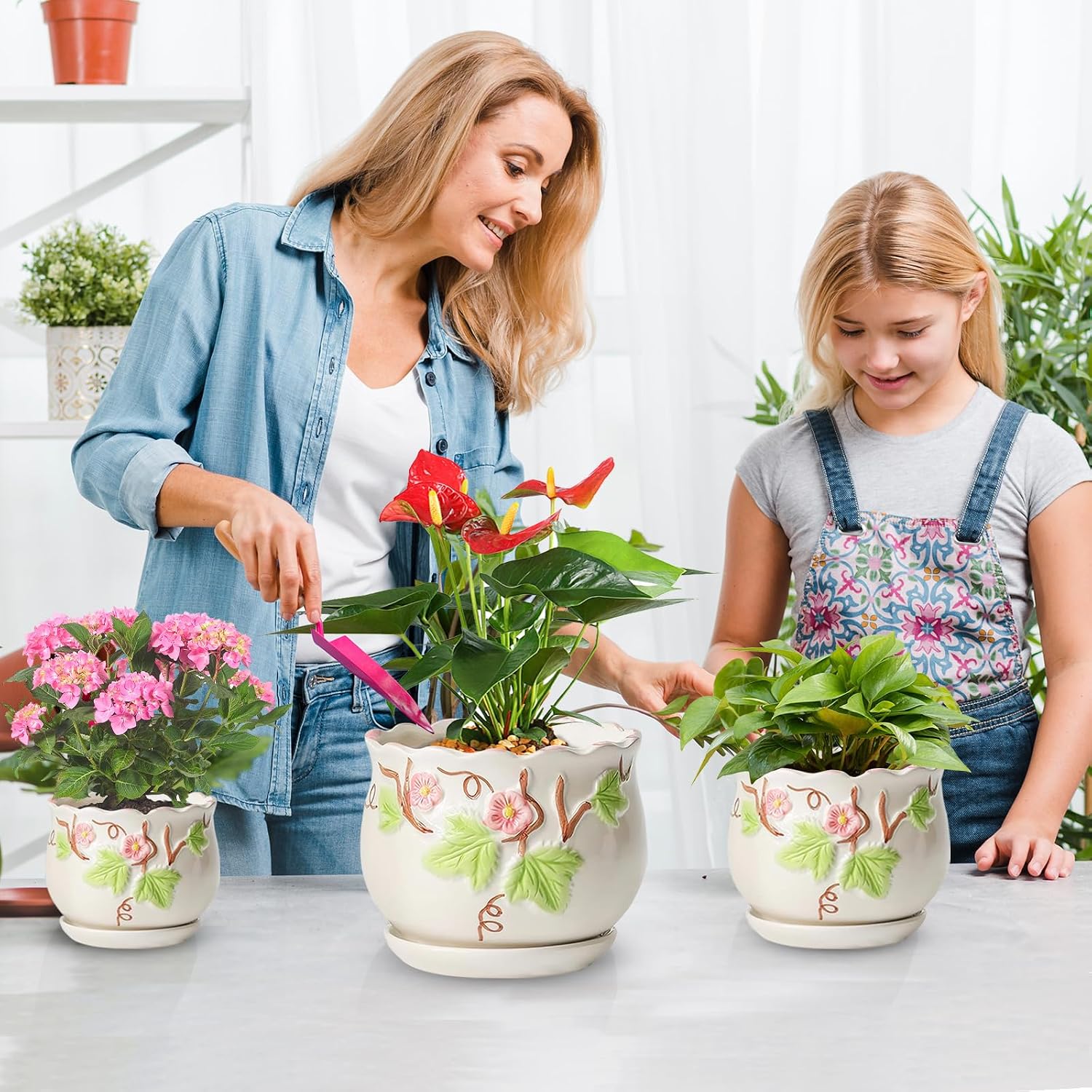 3 Piece Ceramic Plant Pots with Drainage Hole and Saucer,6.7/5.1/3.9inch,Modern Decorative Planters for Indoor